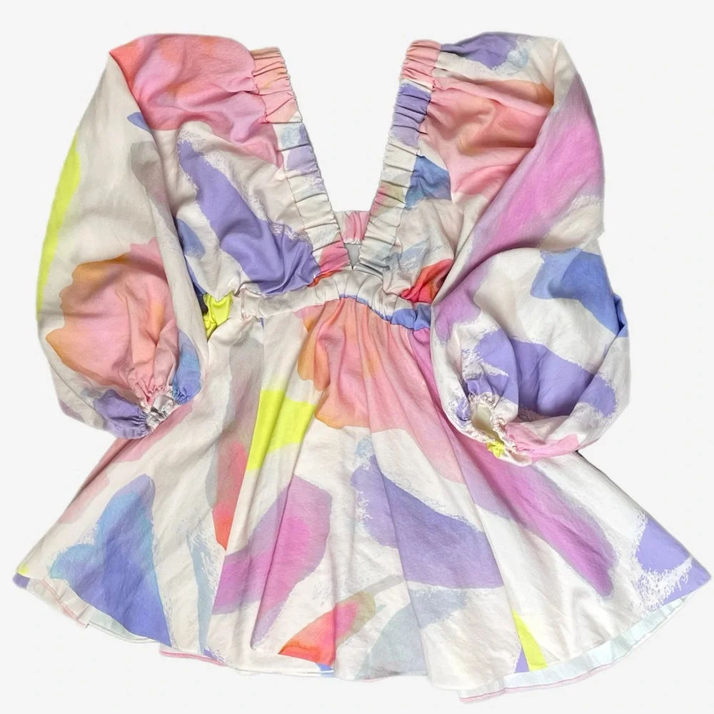 ASOS Structured batwing balloon sleeve mini dress watercolor abstract print 4 - Picture 5 of 10